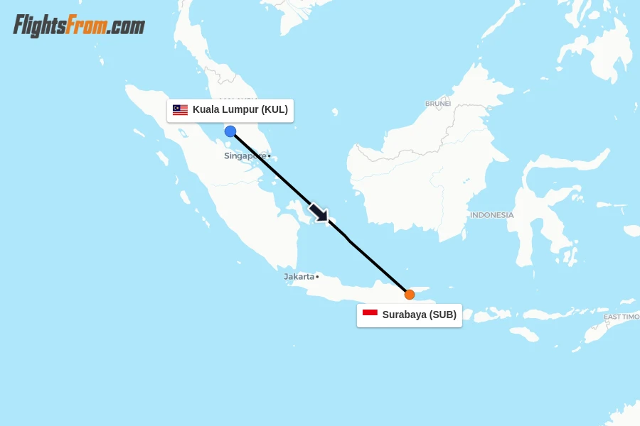 Flights from Kuala Lumpur to Surabaya route map