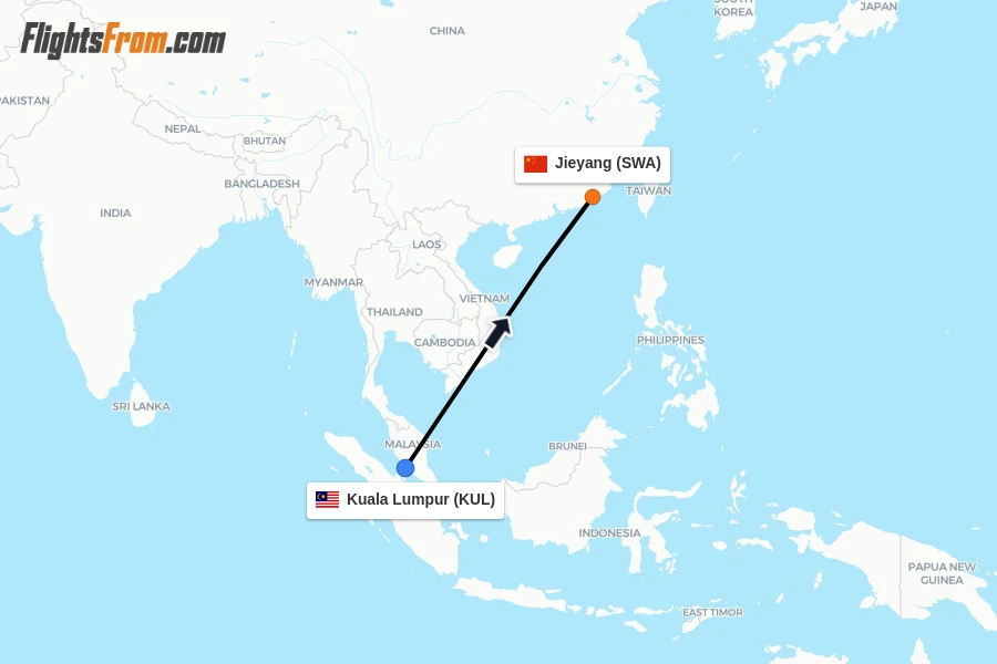 Flights from Kuala Lumpur to Jieyang route map