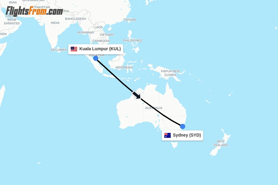 Flights from Kuala Lumpur to Sydney route map