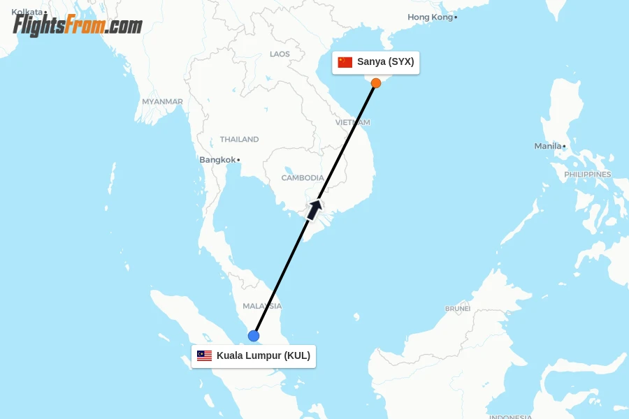 Flights from Kuala Lumpur to Sanya route map