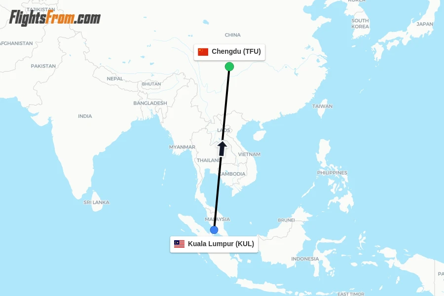 Flights from Kuala Lumpur to Chengdu route map