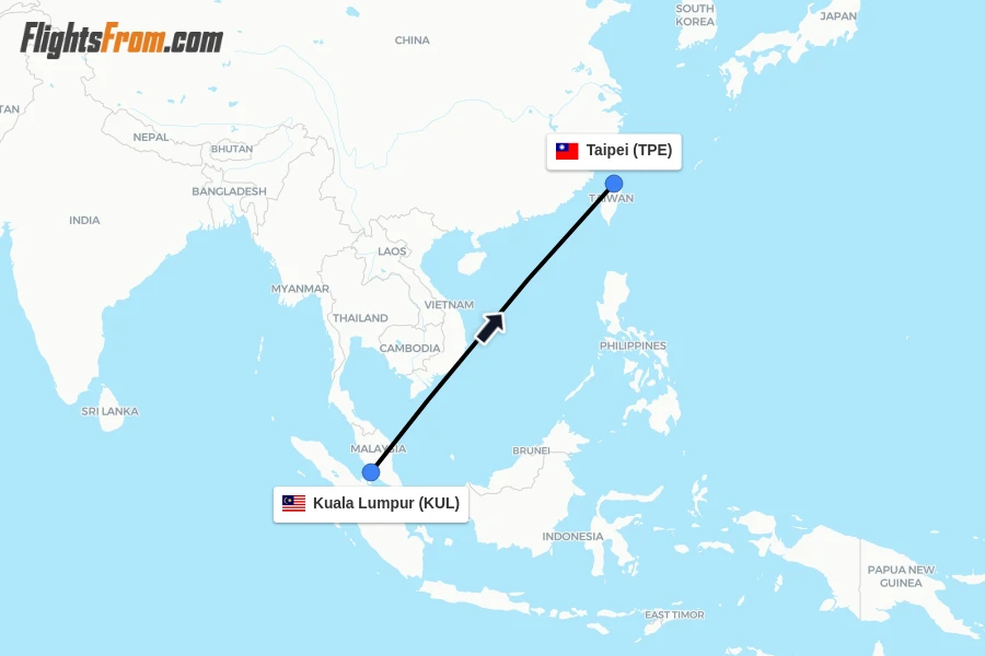 Flights from Kuala Lumpur to Taipei route map