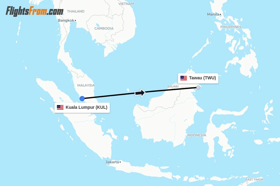 Flights from Kuala Lumpur to Tawau route map