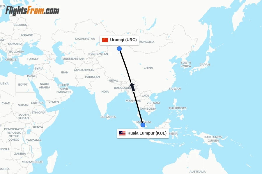 Flights from Kuala Lumpur to Urumqi route map