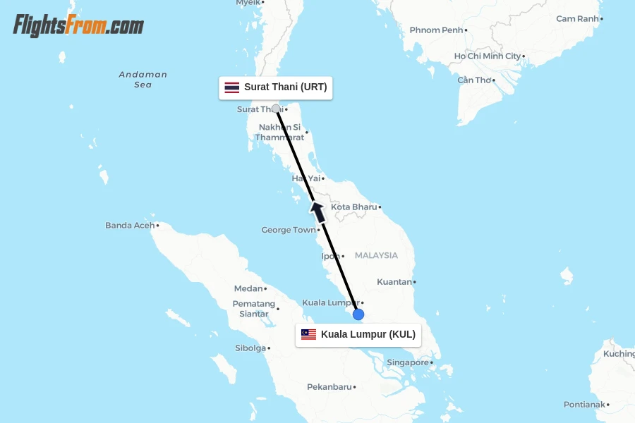 Flights from Kuala Lumpur to Surat Thani route map