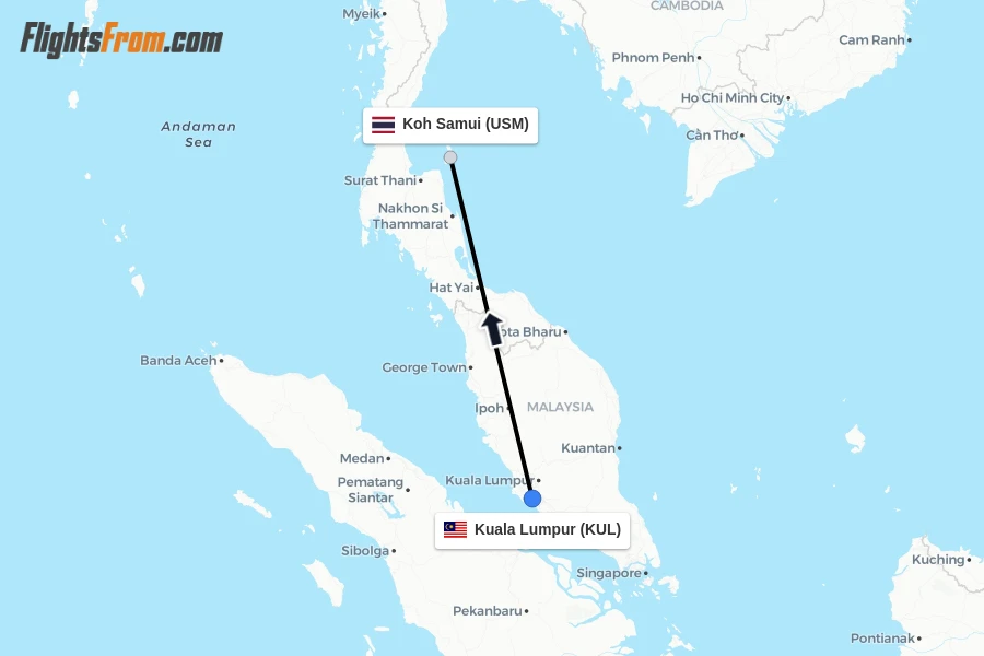 Flights from Kuala Lumpur to Koh Samui route map
