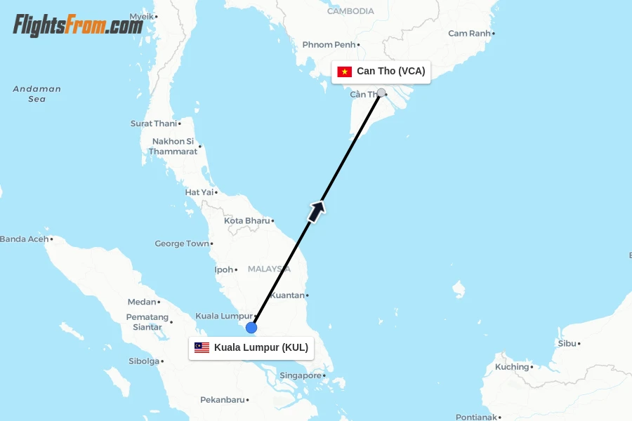 Flights from Kuala Lumpur to Can Tho route map