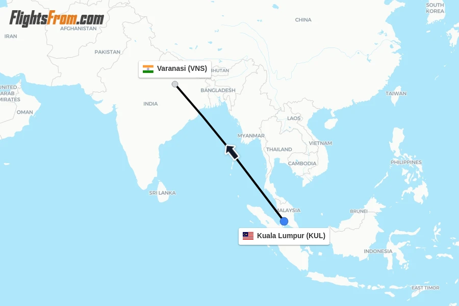 Flights from Kuala Lumpur to Varanasi route map