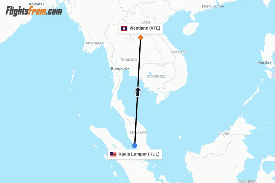 Flights from Kuala Lumpur to Vientiane route map