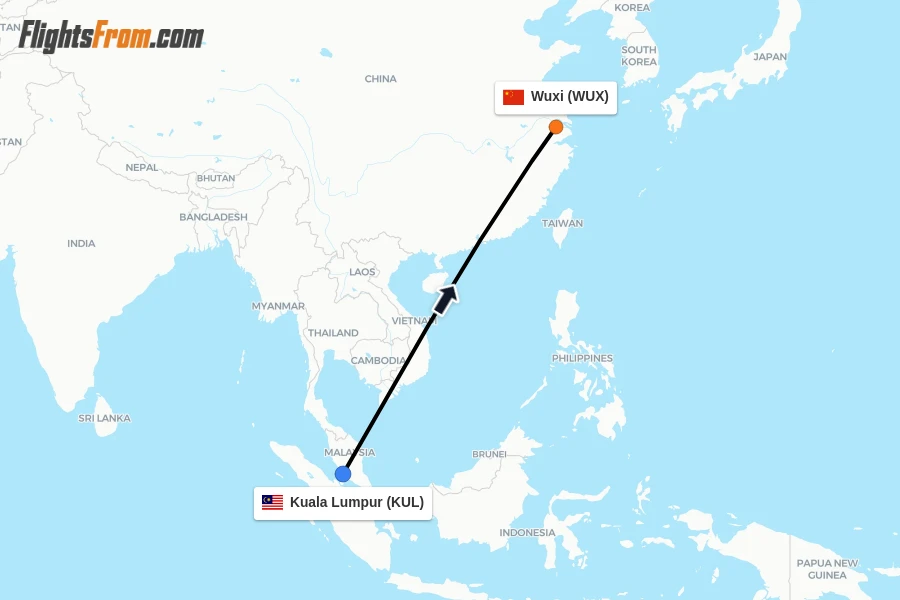 Flights from Kuala Lumpur to Wuxi route map