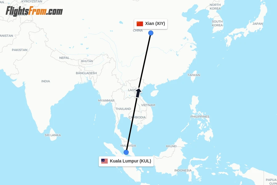 Flights from Kuala Lumpur to Xian route map