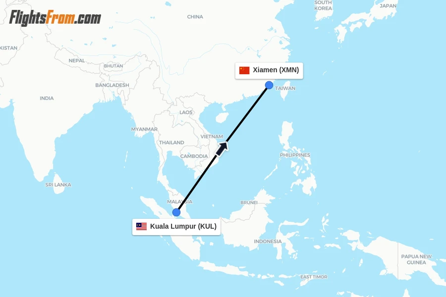 Flights from Kuala Lumpur to Xiamen route map