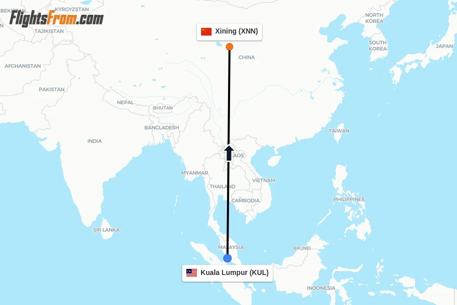 Flights from Kuala Lumpur to Xining route map