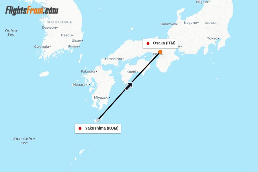 Flights from Yakushima to Osaka route map