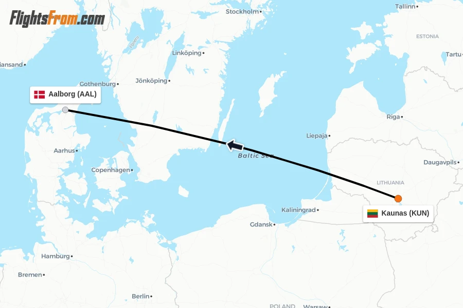 Flights from Kaunas to Aalborg route map