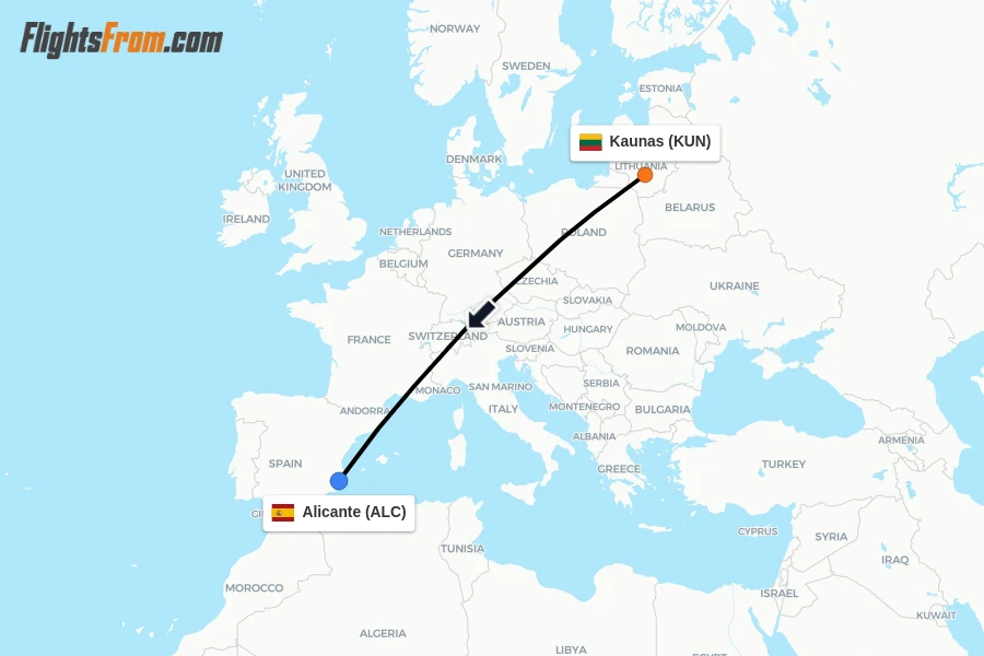 Flights from Kaunas to Alicante route map