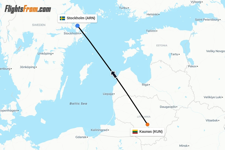 Flights from Kaunas to Stockholm route map