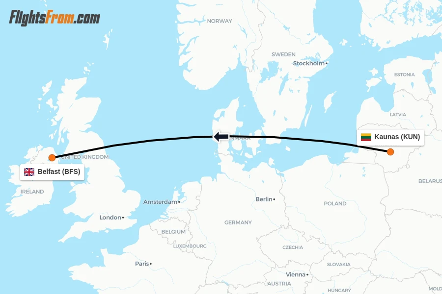 Flights from Kaunas to Belfast route map