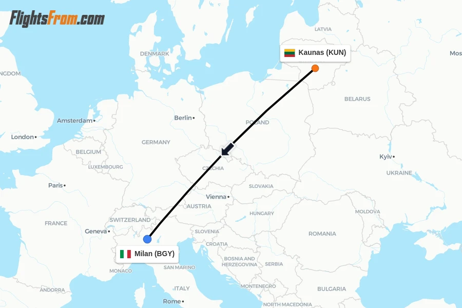 Flights from Kaunas to Milan route map