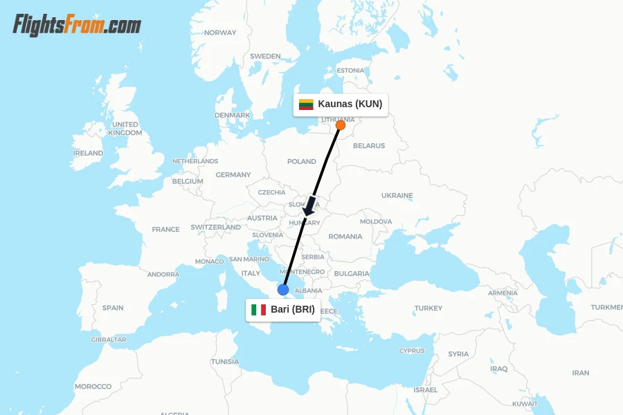 Flights from Kaunas to Bari route map