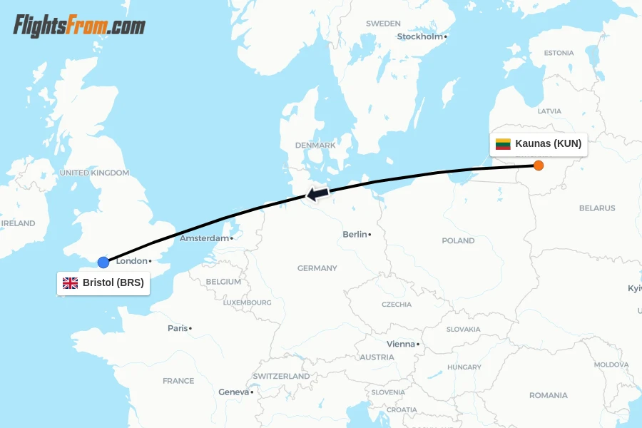 Flights from Kaunas to Bristol route map