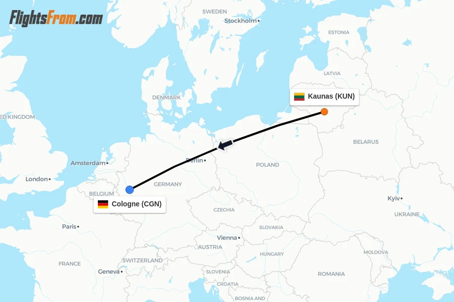 Flights from Kaunas to Cologne route map