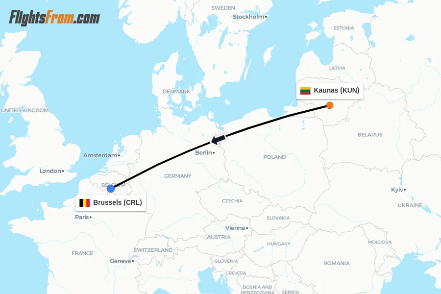 Flights from Kaunas to Brussels route map