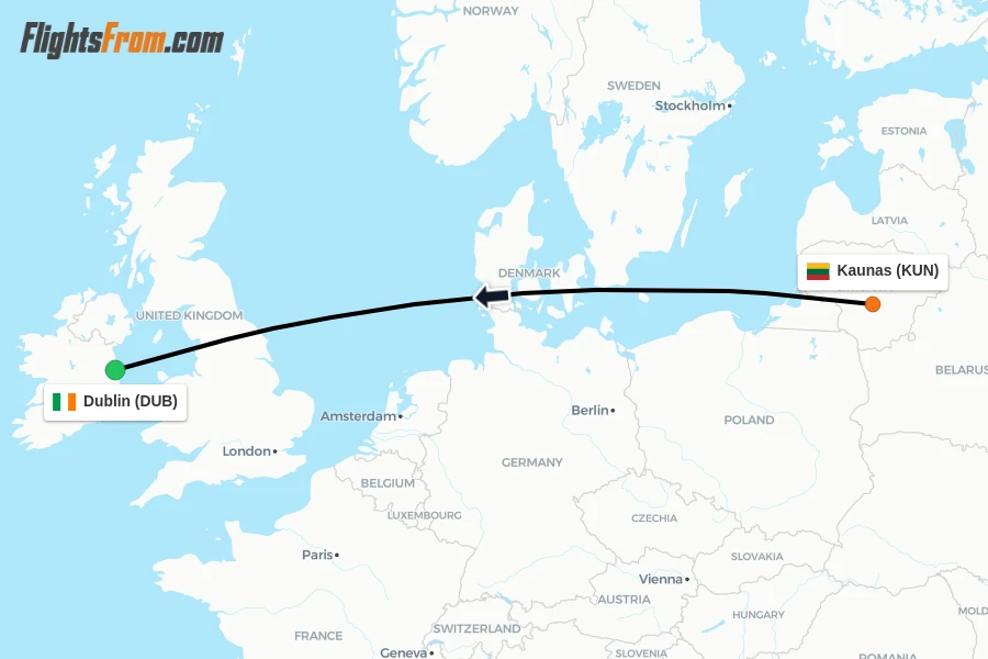 Flights from Kaunas to Dublin route map