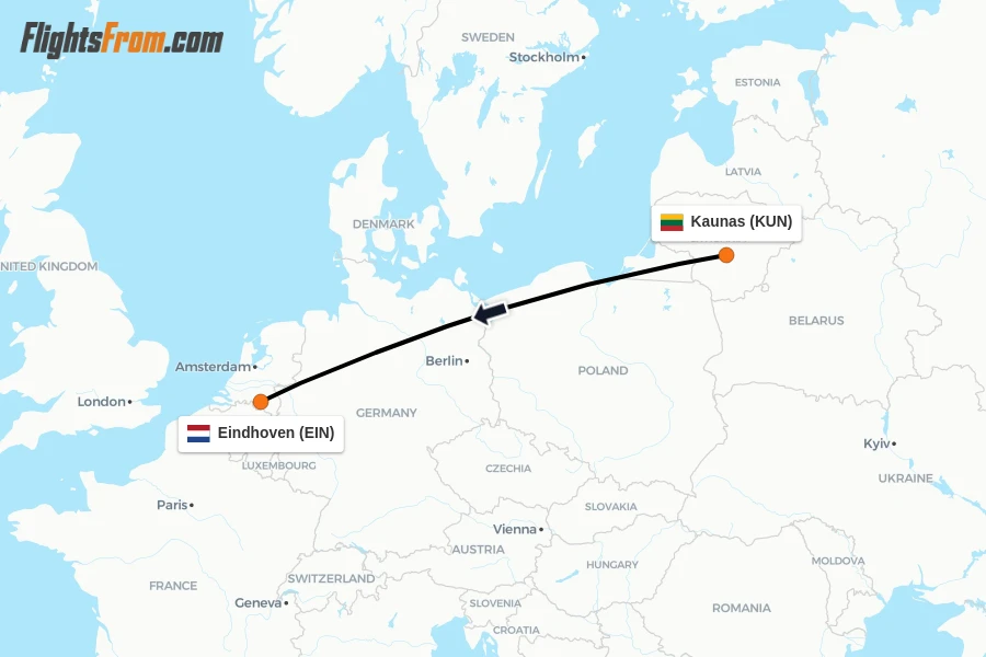 Flights from Kaunas to Eindhoven route map