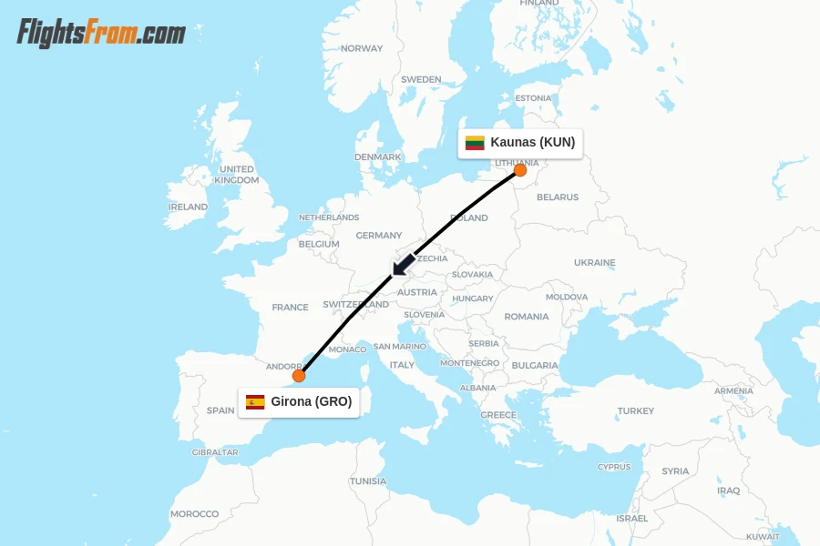 Flights from Kaunas to Girona route map