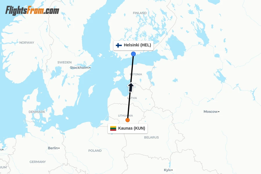 Flights from Kaunas to Helsinki route map