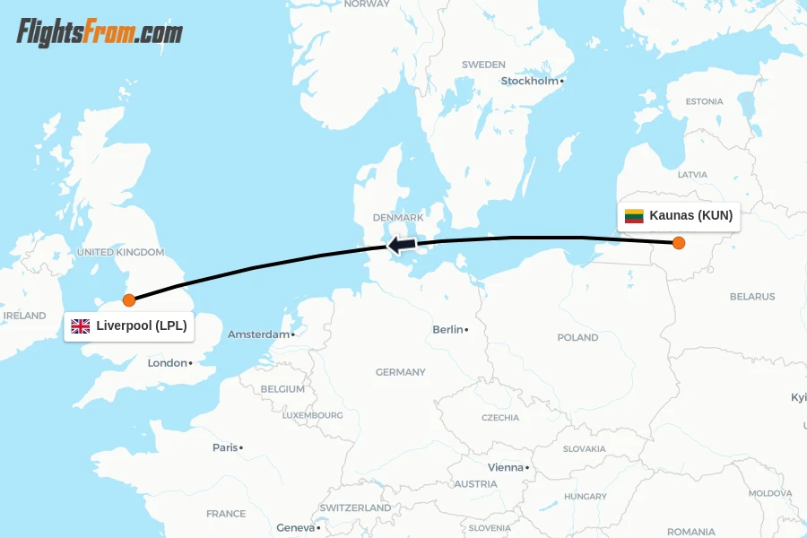 Flights from Kaunas to Liverpool route map