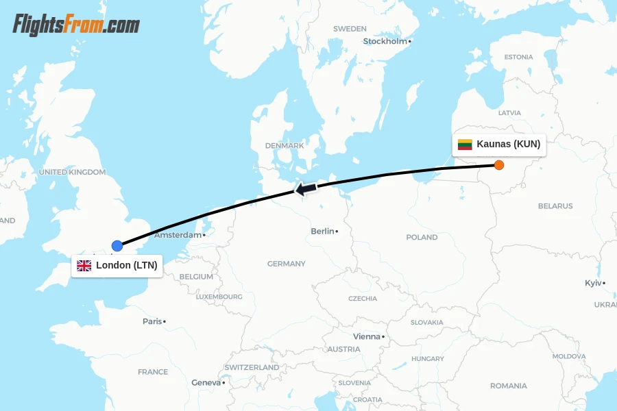 Flights from Kaunas to London route map