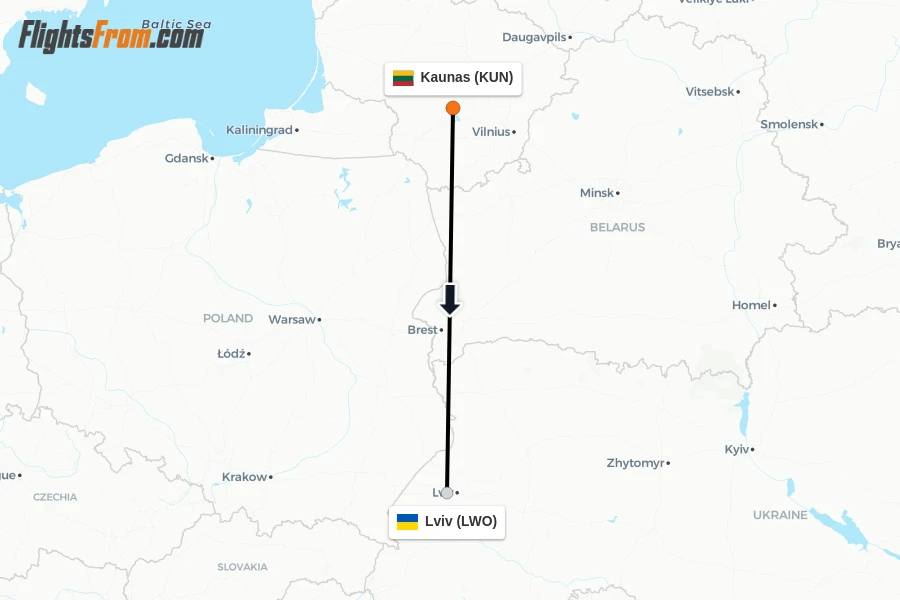 Flights from Kaunas to Lviv route map