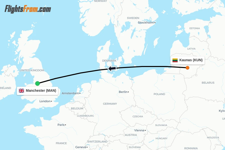 Flights from Kaunas to Manchester route map