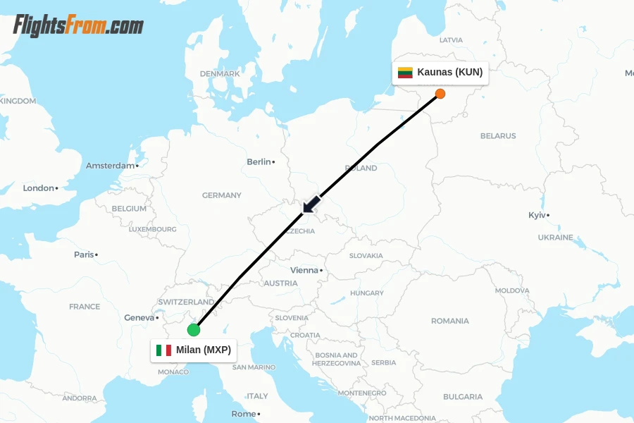 Flights from Kaunas to Milan route map
