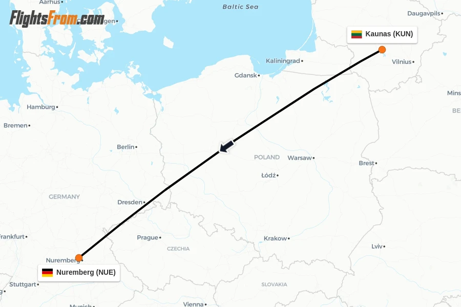 Flights from Kaunas to Nuremberg route map