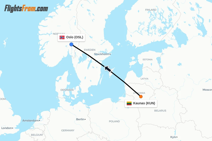 Flights from Kaunas to Oslo route map