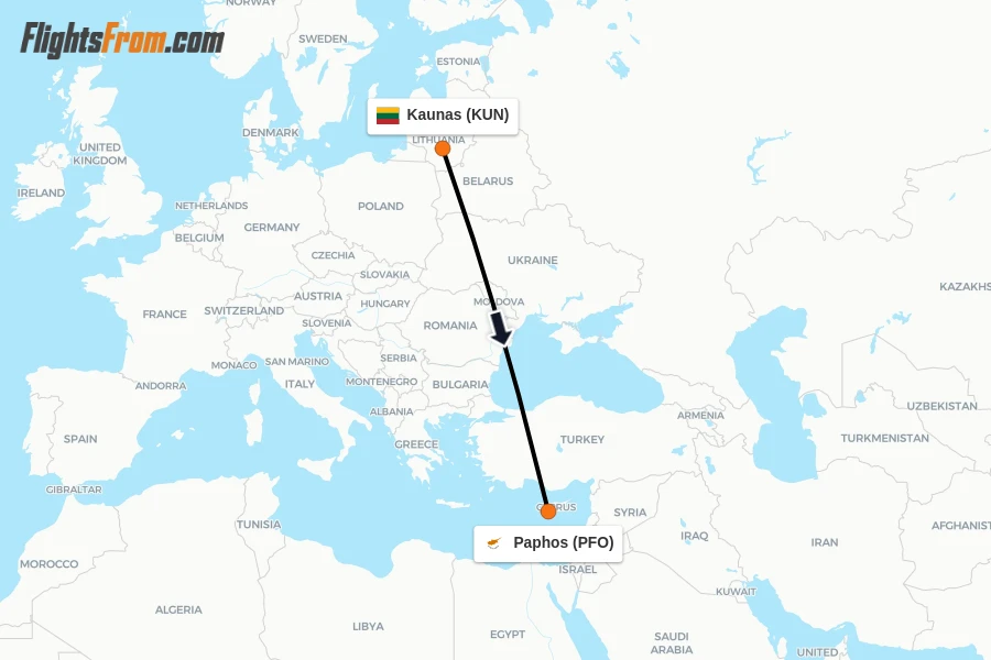 Flights from Kaunas to Paphos route map