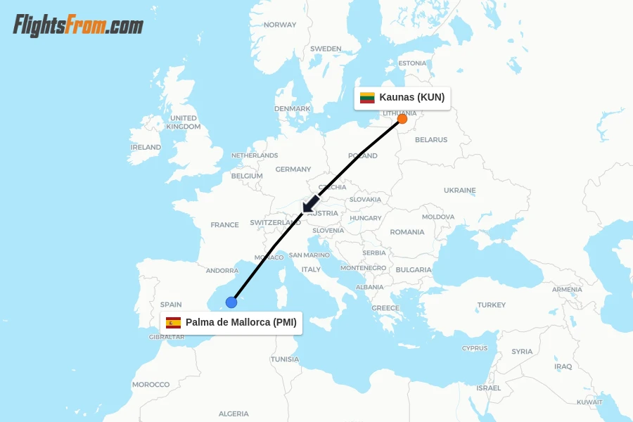 Flights from Kaunas to Palma de Mallorca route map