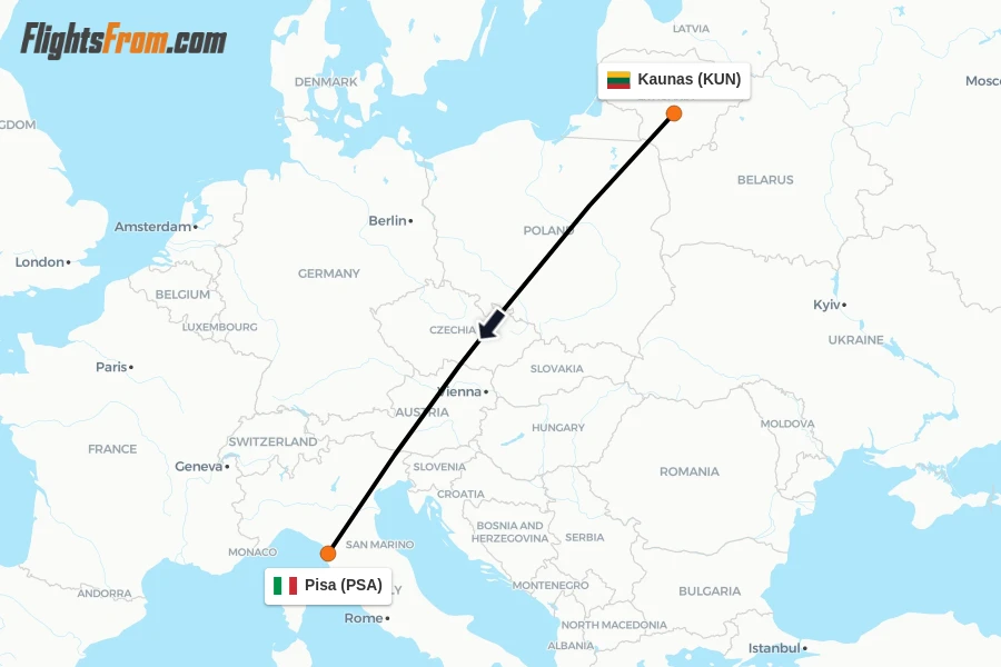 Flights from Kaunas to Pisa route map