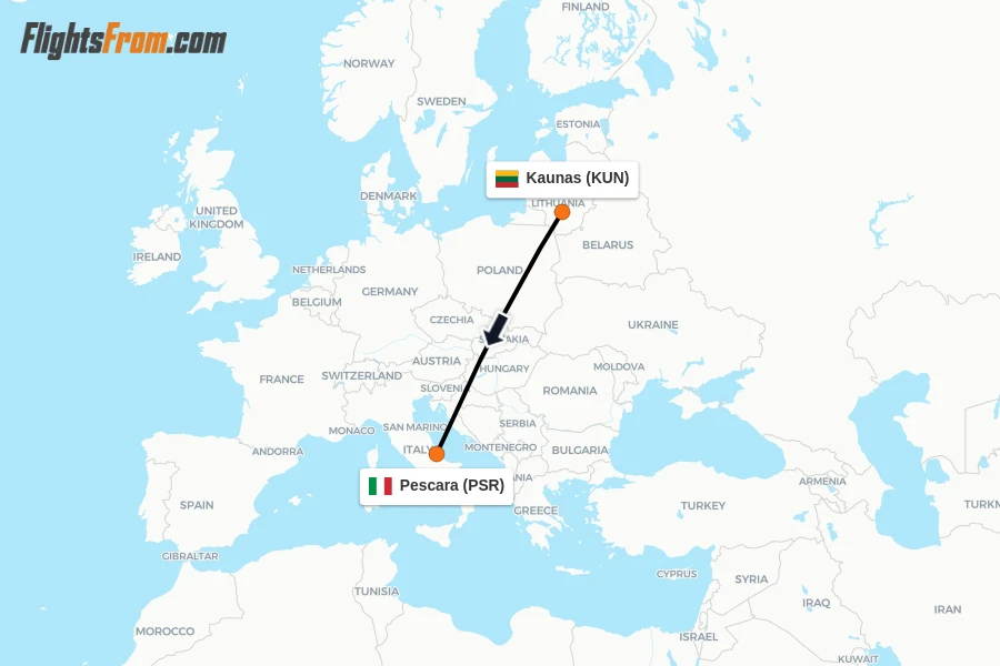 Flights from Kaunas to Pescara route map