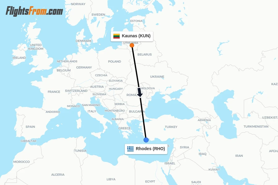 Flights from Kaunas to Rhodes route map