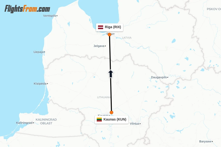 Flights from Kaunas to Riga route map
