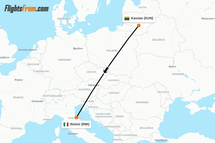 Flights from Kaunas to Rimini route map