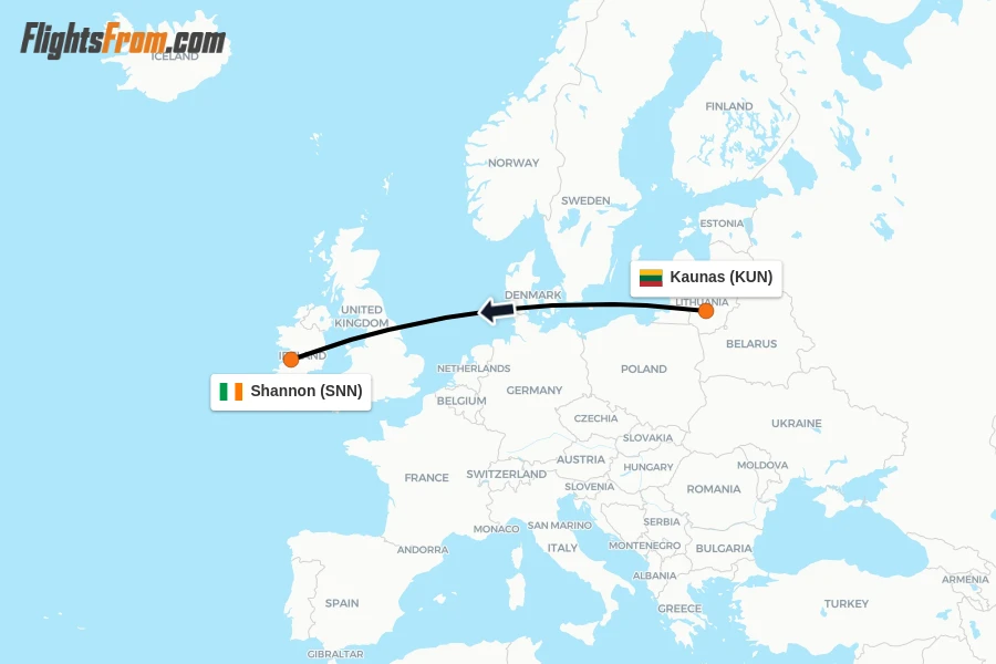 Flights from Kaunas to Shannon route map