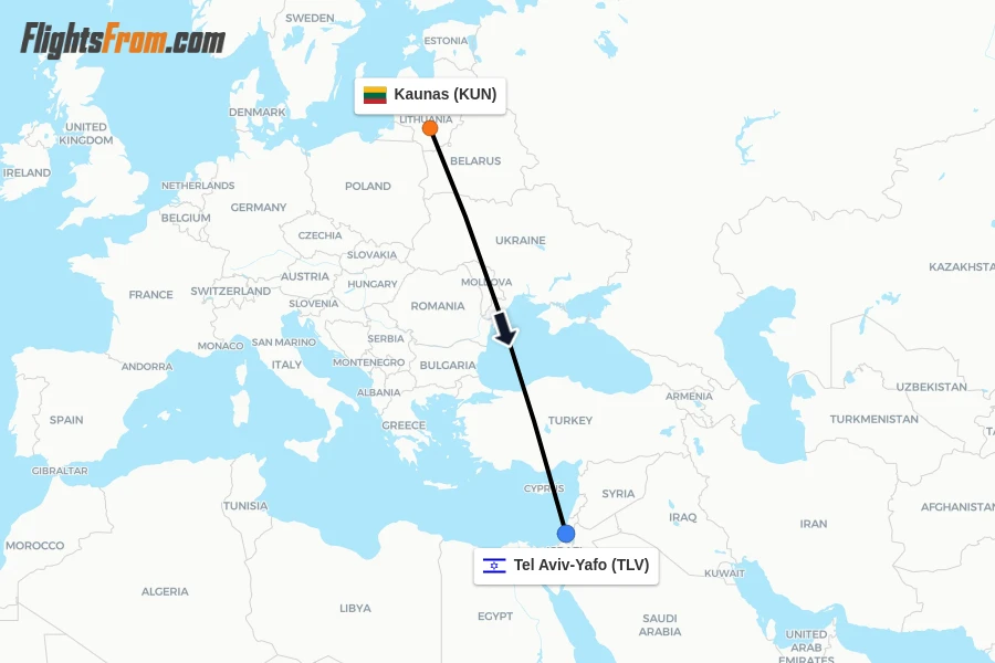 Flights from Kaunas to Tel Aviv-Yafo route map