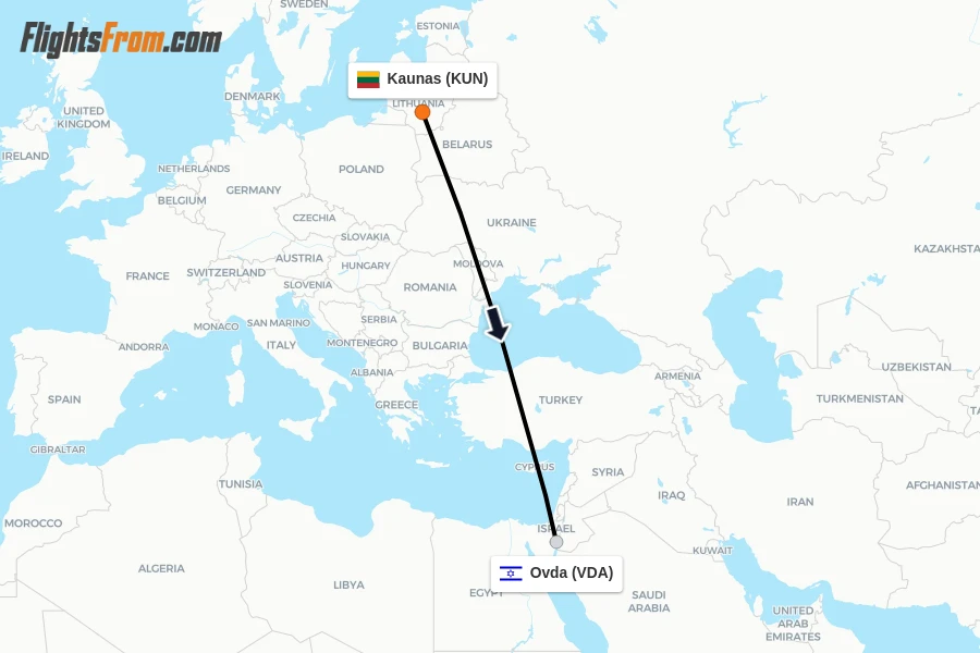Flights from Kaunas to Ovda route map