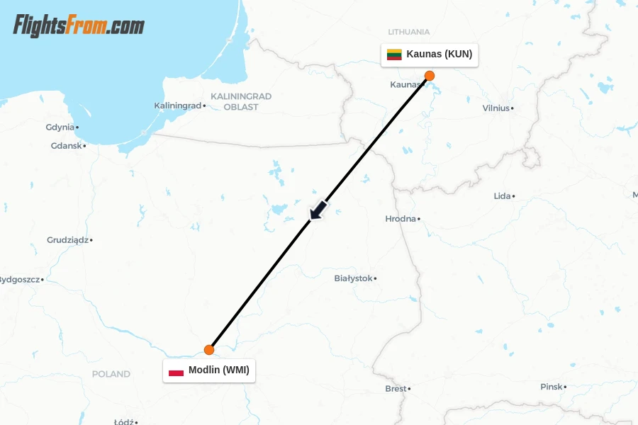 Flights from Kaunas to Modlin route map