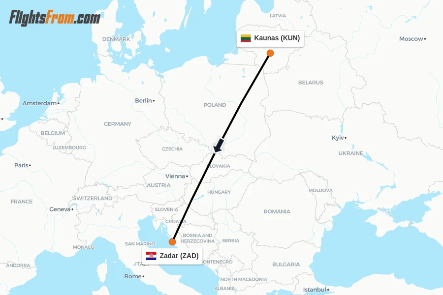 Flights from Kaunas to Zadar route map